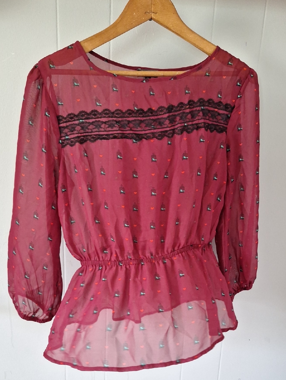 Lily Rose Wine-Red Sheer Peplum Blouse with Lace Yoke
